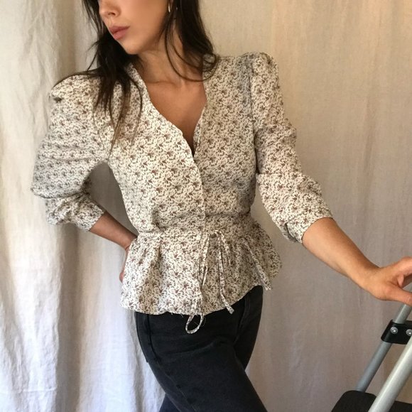 Vintage Tops - Vintage Floral Puff Sleeve Japanese Blouse Top